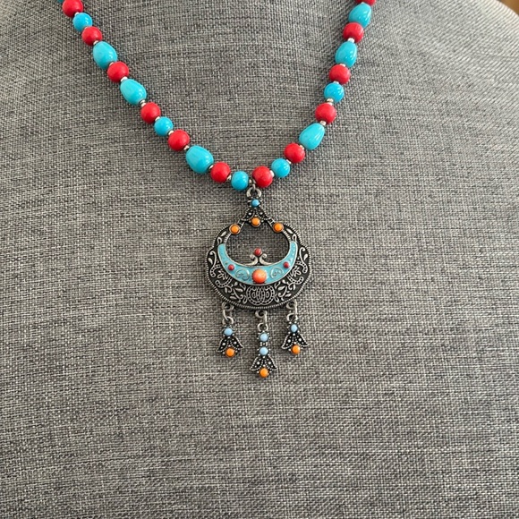 Bohemian Blue and Red Beaded Necklace - Picture 2 of 6